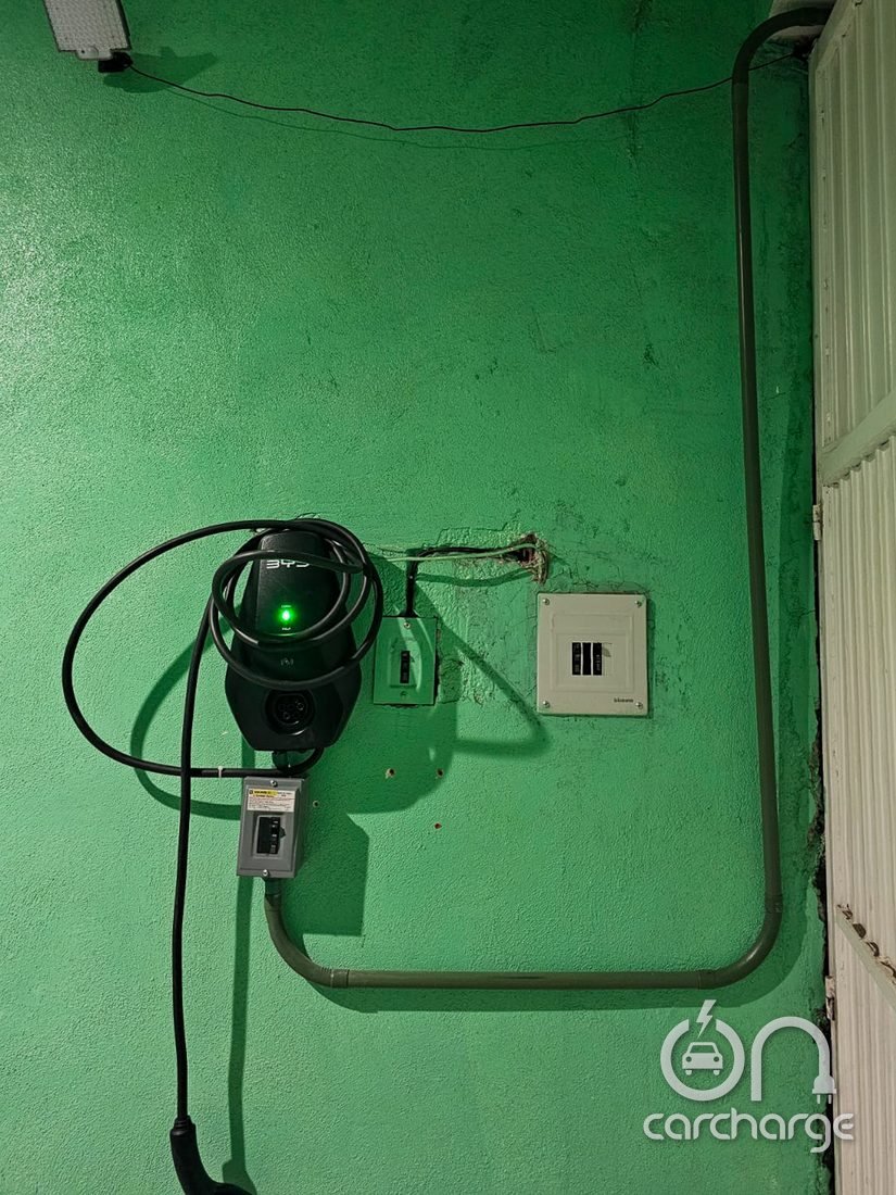 Cargador BYD energizado y funcionando, indicador de carga en verde